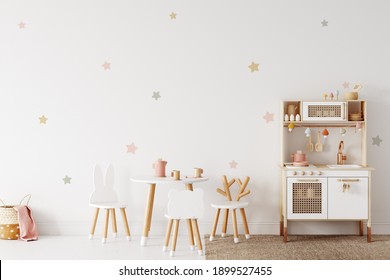 Wall mock up in kids interior. Scandinavian and boho interior. 3d rendering, 3d illustration