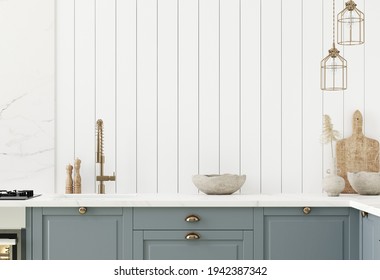 Wall Mock Up In Kitchen Interior Background, Farmhouse Style, 3d Render