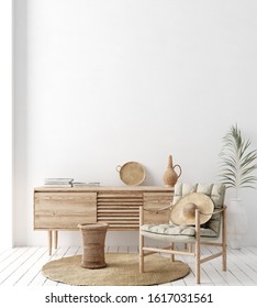 Wall mock up in white simple interior with wooden furniture, Scandi-Boho style, 3d render