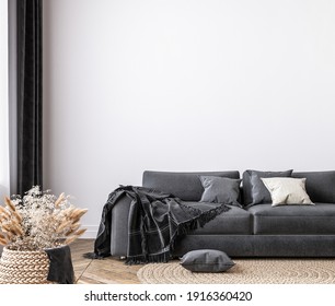 wall mockup in bright living room design, dark sofa in farmhouse interior style, 3d render, 3d illustration
