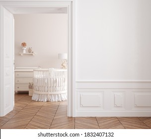 Wall mockup in cozy girls nursery, Chic style interior background, 3d render