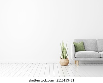 Wall Mockup With Gray Velvet Couch, Green Cushion And Snake Plant In Basket On Empty White Interior Background. Illustration, 3d Rendering