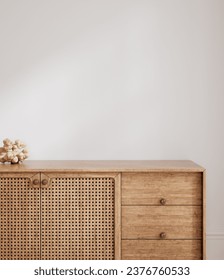 Wall mockup in interior background, room with natural wooden furniture, 3d render