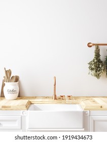 Wall Mockup In Kitchen Interior Background, Farmhouse Style, 3d Render