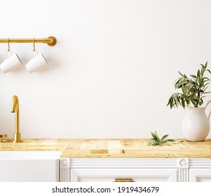 Wall mockup in kitchen interior background, Farmhouse style, 3d render