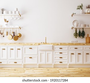 Wall Mockup In Kitchen Interior Background, Farmhouse Style, 3d Render