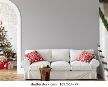 Wall Mockup In Living Room. Christmas Interior. Scandinavian Style. 3d Rendering, 3d Illustration