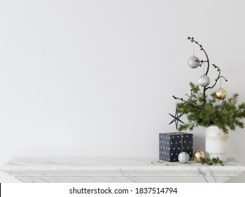 Wall Mockup In Living Room. Christmas Interior. Scandinavian Style. 3d Rendering, 3d Illustration