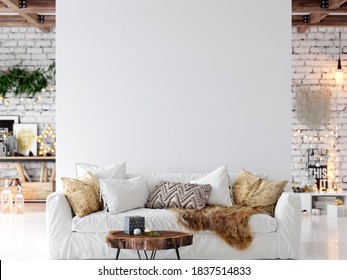 Wall Mockup In Living Room. Christmas Interior. Scandinavian Style. 3d Rendering, 3d Illustration