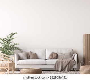 Wall Mockup In Living Room Design, White Sofa In Scandinavian Interior, 3d Render, 3d Illustration