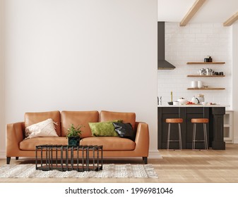 Wall mockup in loft, kitchen in industrial style ,3d render