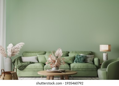 Wall Mockup In Modern Living Room Design, Minimal Furniture With Wooden Home Accessories On Green Background, 3d Render, 3d Illustration