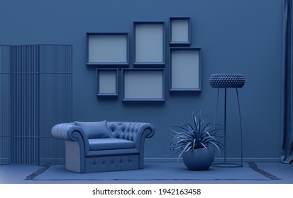 Wall mockup with six frames in solid flat  pastel dark blue color, monochrome interior modern living room with furnitures and plants, 3d rendering, Gallery wall