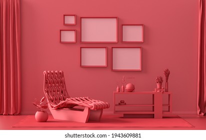 Wall mockup with six frames in solid flat  pastel dark red, maroon color, monochrome interior modern living room with a meditation bed, furnitures and plants, 3d rendering, Gallery wall