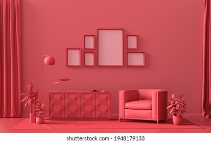 Wall mockup with six frames in solid flat  pastel dark red, maroon color, monochrome interior modern living room with furnitures and plants, 3d rendering, Gallery wall