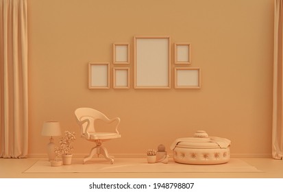 Wall mockup with six frames in solid flat  pastel orange pinkish color, monochrome interior modern living room with furnitures and plants, 3d rendering, Gallery wall