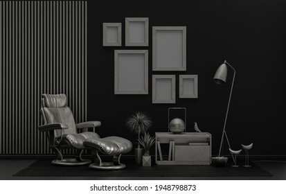 Wall mockup with six frames in solid flat  pastel black and metallic silver color, monochrome interior modern living room with furnitures and plants, 3d rendering, Gallery wall