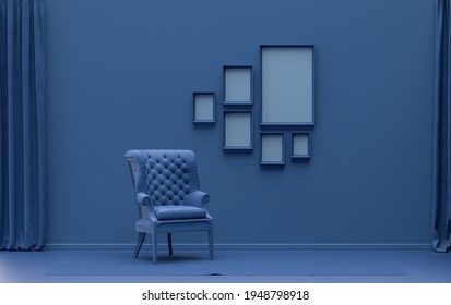 Modélisation du mur avec six cadres en bleu foncé pastel clair, intérieur monochrome salon moderne avec une seule chaise, sans plante, rendu 3d, mur de la Galerie : illustration de stock