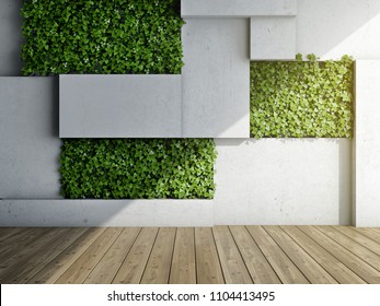 Wall In Modern Interior With Concrete Blocks And Vertical Garden. 3D Illustration.