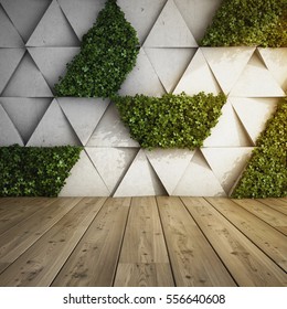 Wall In Modern Interior With Concrete Blocks And Vertical Garden. 3D Illustration.