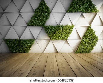 Wall In Modern Interior With Concrete Blocks And Vertical Garden. 3D Illustration.