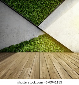 Wall In Modern Interior With Concrete Blocks And Vertical Garden. 3D Illustration.