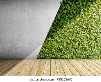 Wall in modern interior with concrete blocks and vertical garden. 3D illustration.