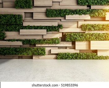 Wall In Modern Interior With Wooden Blocks And Vertical Garden. 3D Illustration.