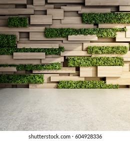 Wall In Modern Interior With Wooden Blocks And Vertical Garden. 3D Illustration.