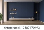 Wall Mounted TV cabinet,modern living room interior style ,Wooden TV cabinet and dark blue wall , .3d render