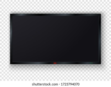 Wall Mounted Wide Plasma Black LED Tv Isolated On Transparent Background. TV Digital, Modern Blank LCD Screen, Display, Panel. Large Mock Up Computer Monitor. Stylish Illustration.