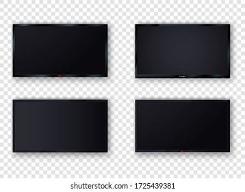 Wall Mounted Wide Plasma Black LED Tv Isolated On Transparent Background. TV Digital, Modern Blank LCD Screen, Display, Panel. Large Mock Up Computer Monitor. Stylish Illustration.