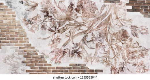 Wall mural, wallpaper design in the loft, classic and modern style. Engraving on the wall. Fresco with flowers on a brick wall.