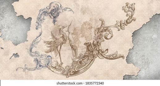 Wall mural, wallpaper, in the style of classic, baroque, modern, rococo. Wall mural with birds and patterned background. Light, delicate photo wallpaper design.