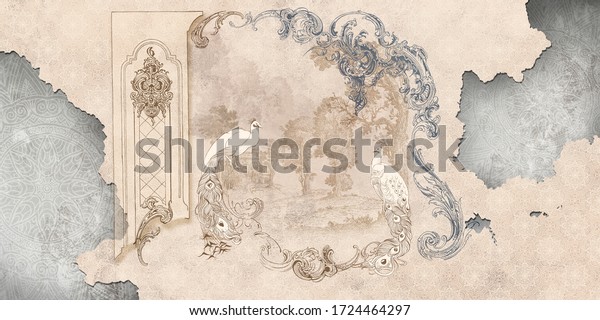 Wall mural, wallpaper, in the\
style of classic, baroque, modern, rococo. Wall mural with peacocks\
and patterned background. Light, delicate photo wallpaper\
design.