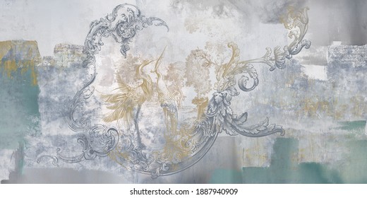 Wall mural, wallpaper, in the style of loft, classic, baroque, modern, rococo. Wall mural with graphic birds and patterns on grey concrete grunge background. Light, delicate photo wallpaper design.