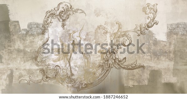Wall mural, wallpaper, in the style of loft,\
classic, baroque, modern, rococo. Wall mural with graphic birds and\
patterns on concrete grunge background. Light, delicate photo\
wallpaper design.