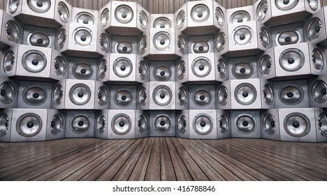  Wall Of Musical Speakers On A Wooden Background