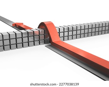 A wall of obstacles blocking the path. A red arrow that continues to move forward over the wall. Abstract concept representing strong will and overcoming. success and victory. 3D rendering. 