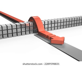 A wall of obstacles blocking the path. A red arrow that continues to move forward over the wall. Abstract concept representing strong will and overcoming. success and victory. 3D rendering. 