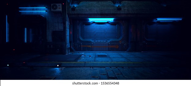 Wall Of An Old Building With Gates And Neon Lights On A Street Of Futuristic City. 3D Illustration. Beautiful Night Scene In A Cyberpunk Style. Gloomy Urban Landscape.