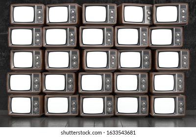 Wall Of Old TVs With White Screen. 3d Illustration