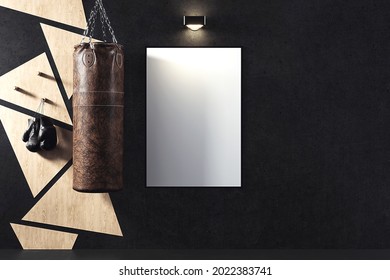 Wall Poster Near Boxing Equipment Mockup. 3D Rendering