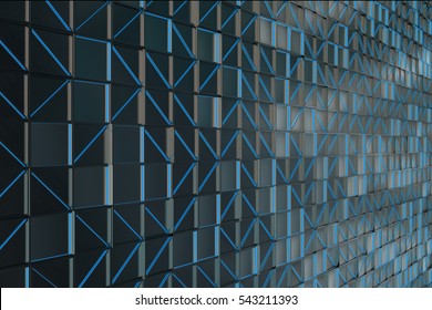 Wall of rectangle tiles made from brushed metal, grid of square tiles with diagonal glowing elements, abstract background.3D render illustration 