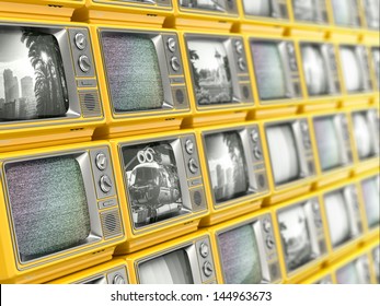 Wall From Retro TV. Conceptual Broadcasting. 3d