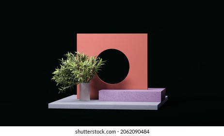 Wall Of Salmon Color With Round Hole And Pale Violet Square Podium Display On Black Background With Small Palm Tree. Minimal Design. Abstract Realism. Copy Space. Empty Space. Ad. 3d Rendering.