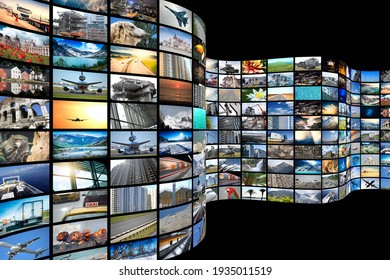 Wall of screens - streaming media, cable, Internet concept - 3D illustration
