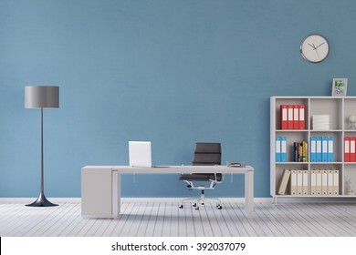 Wall with space for canvas in an office with desk and furniture (3D Rendering)