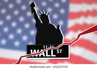 Wall Street Crisis. Wall Street Collapse Due To Financial Bubble. Concept - Problems For Large US Investors. Blurred USA Flag In Background. Crisis Situation On Stock Exchange Of America.