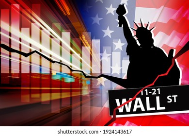 Wall Street Crisis. Wall Street Collapse Due To Financial Bubble. Concept - Problems For Large US Investors. Blurred USA Flag In Background. Crisis Situation On Stock Exchange Of America.